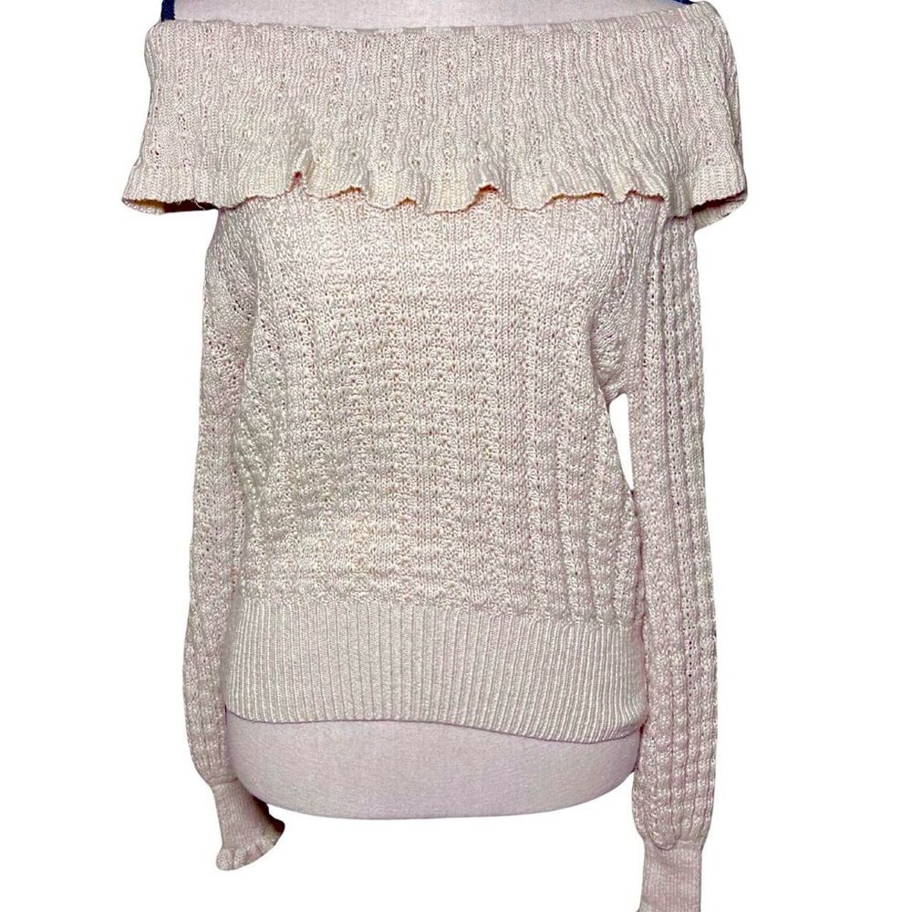 anna cai free people “crazy in love” ruffled off shoulder sweater